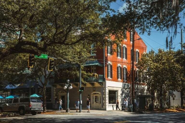 A sunny day on a street corner in Savannah, Georgia.